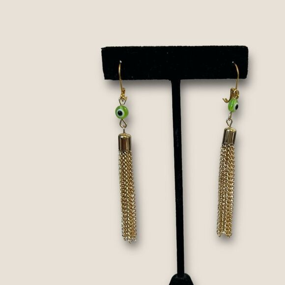 Lime Green evil eyes earrings gold plated chin design - Picture 1 of 3
